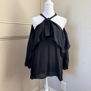 Kobi Halperin L Off Shoulder Black 100% Silk Ruffle Halter Blouse Romantic Goth